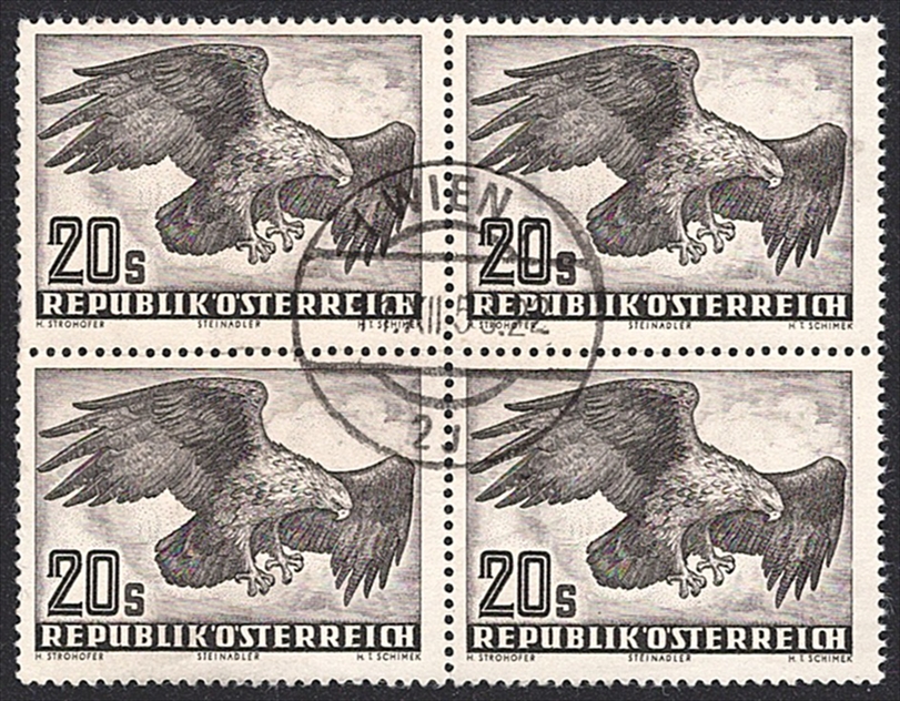 Österreich, Nr.968, Steinadler, im Viererblock, zentrisch gestempelt WIEN