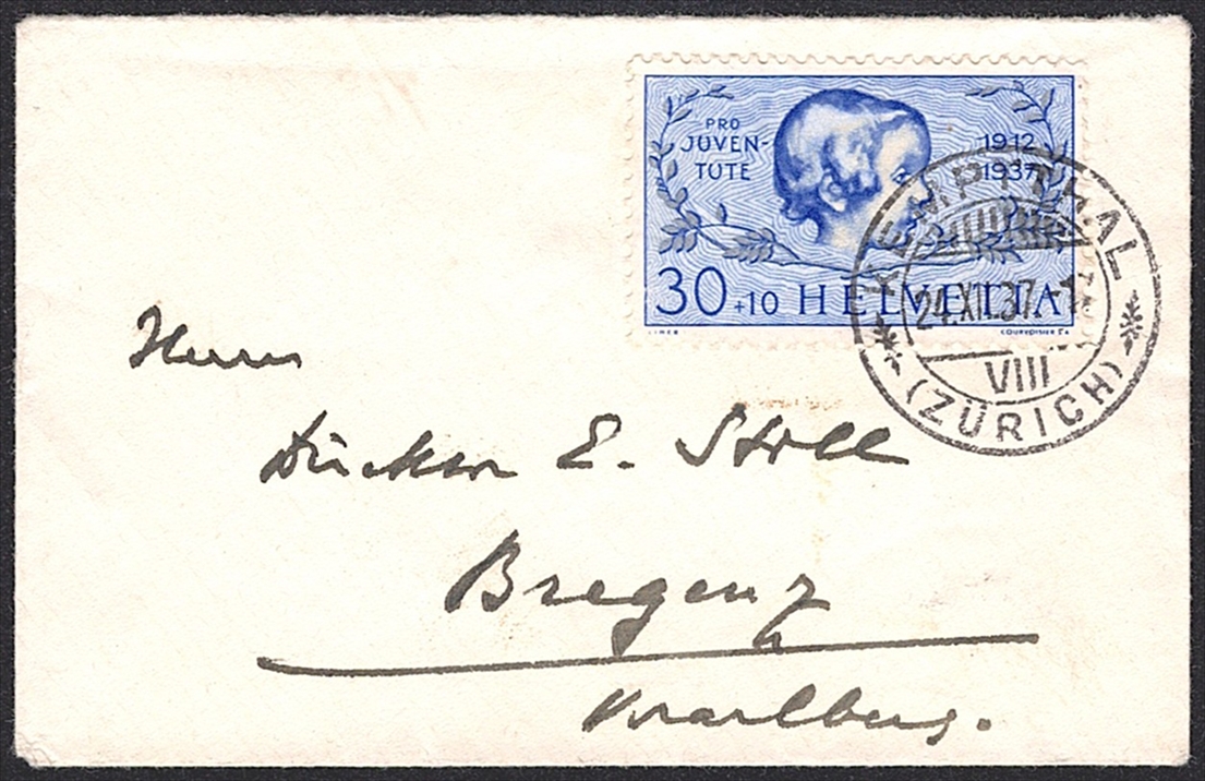 Schweiz, Pro Juventute, Nr.84, 30Rp.Mädchenkopf, kleinformatiger Brief nach Bregenz, KEMPTTHAL