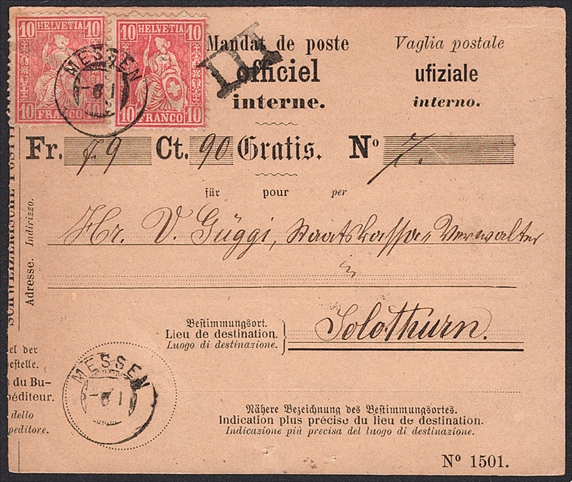 Schweiz, Sitzende Helvetia, Altschweiz, Nr.38, auf internem Mandat mit Zwergstempel MESSEN, sehr seltene Kombination,minimer Nadelstich
