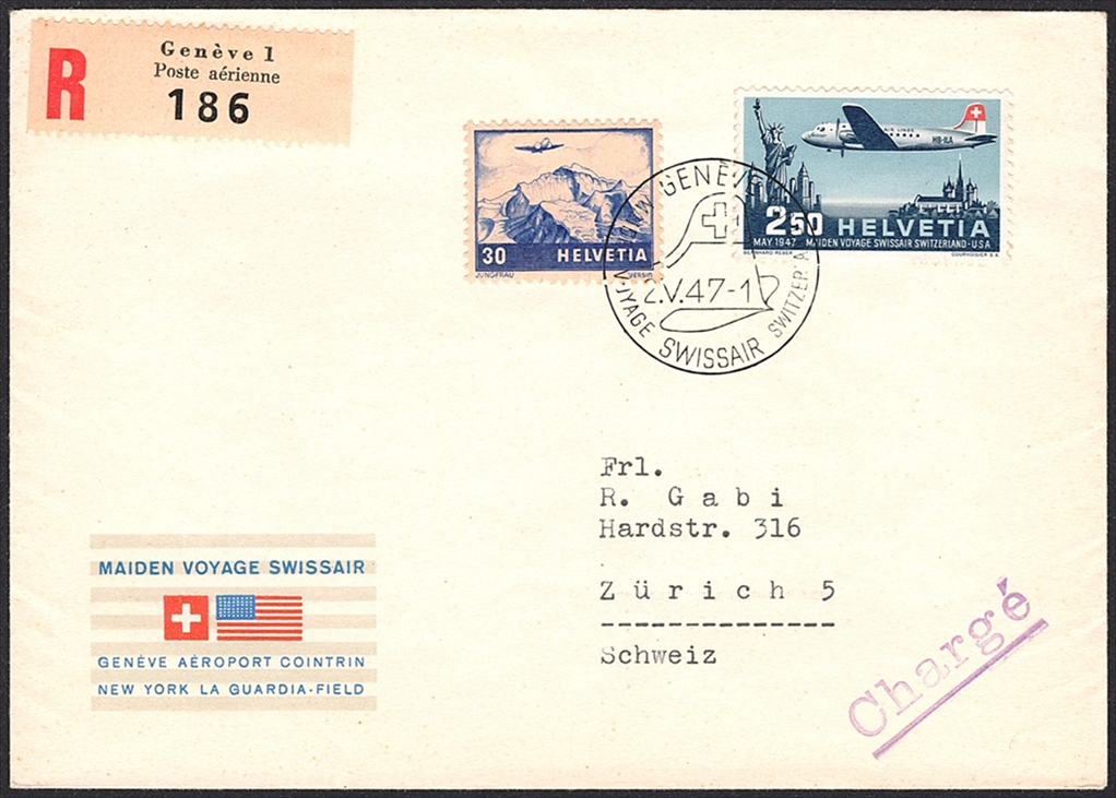 Schweiz, Sonderflüge, Genf-Washington, 47.5b, eingeschriebener Brief
