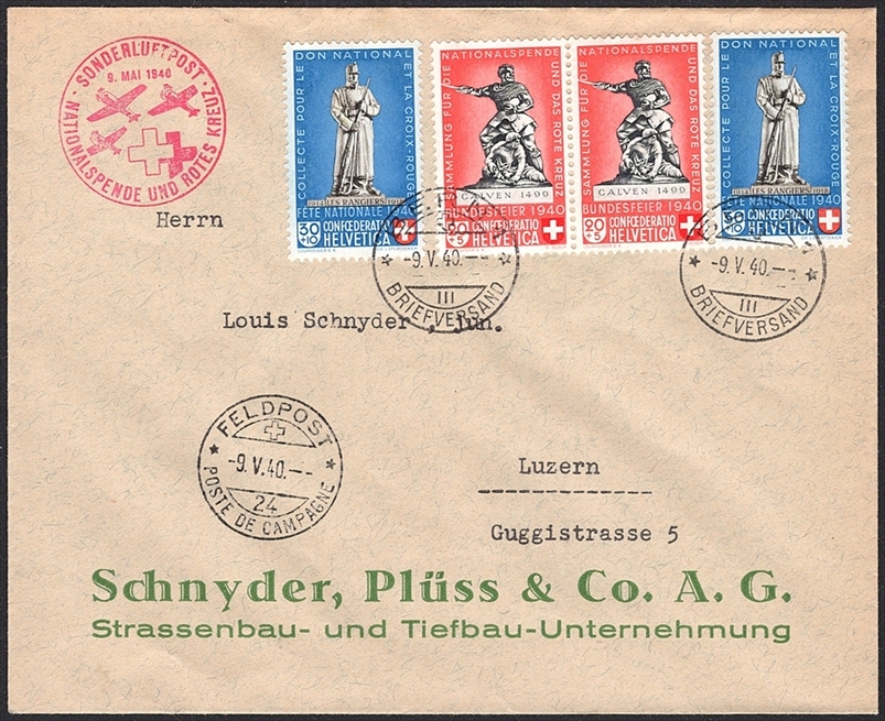 Schweiz, Sonderflüge, Nationalspende, SF 40.2e, ab Bern in die Feldpost 24, Frankatur B5c/6