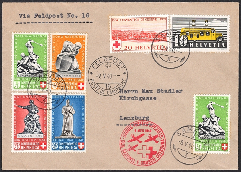 Schweiz, Sonderflüge, Nationalspende, SF 40.2q, ab Samedan in die Feldpost 16, Frankatur B3-6, 240, 210