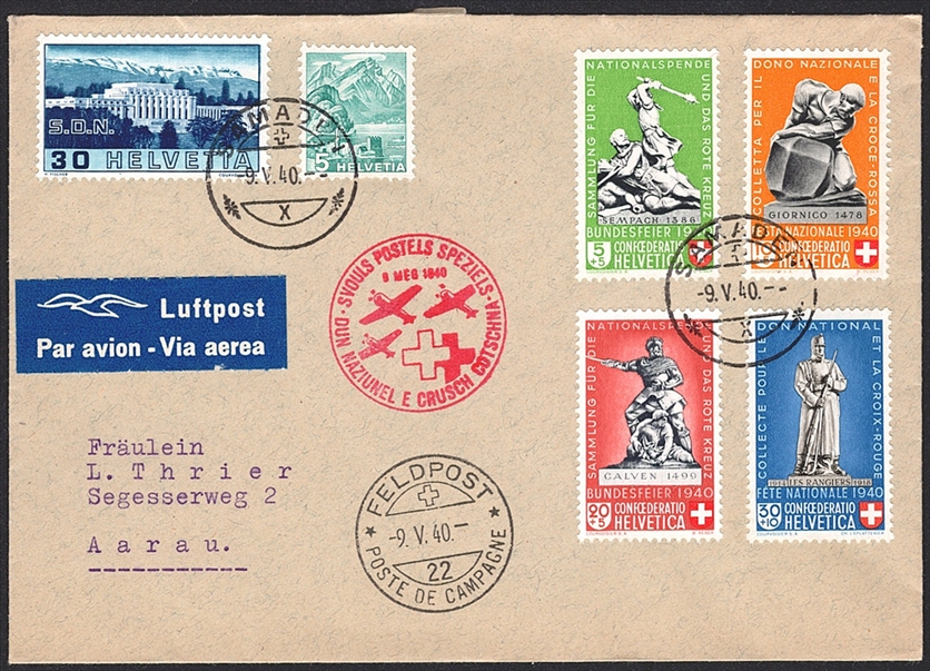 Schweiz, Sonderflüge, Nationalspende, SF 40.2q, ab Samedan in die Feldpost 22, Frankatur B3-6/202/212