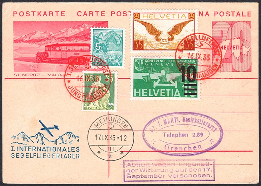 Schweiz, Sonderflüge, Segelluftpost Jungfraujoch, bis Meiringen, 35.5c, Bildpostkarte mit guter Frankatur