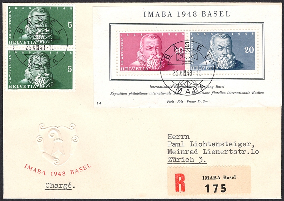 Schweiz, Zuschlagsausgaben, Nr.31, IMABA Basel mit Nr.281 auf portogerechtem R-Brief, Sonderstempel