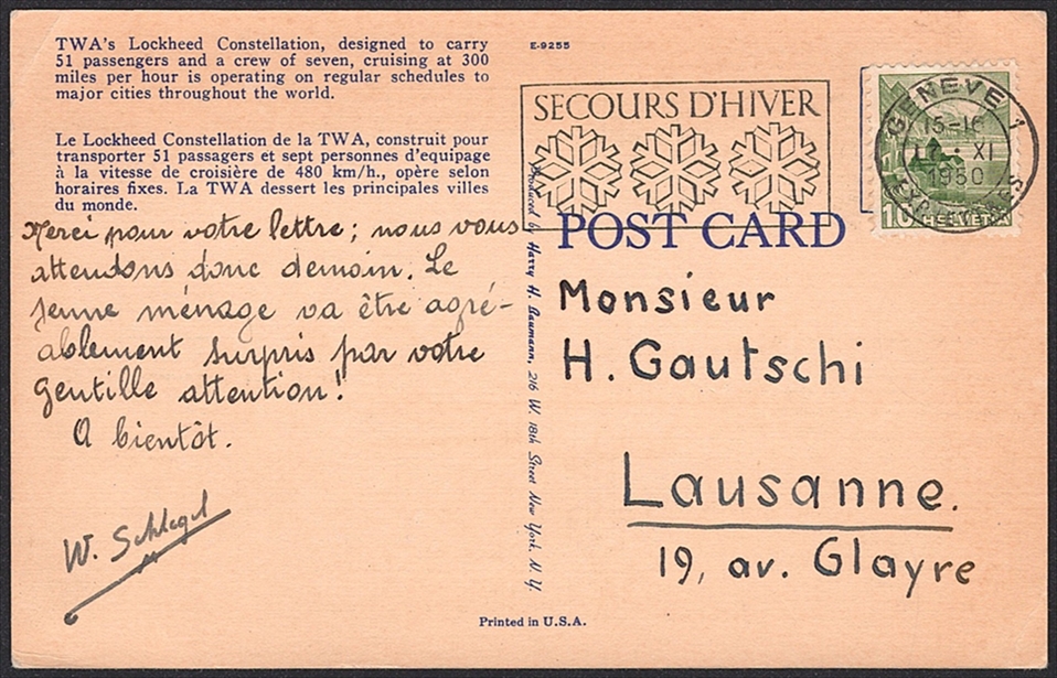 Ansichtskarten, Motive, Flugzeuge, Constellation der TWA, 1950 – Bild 2