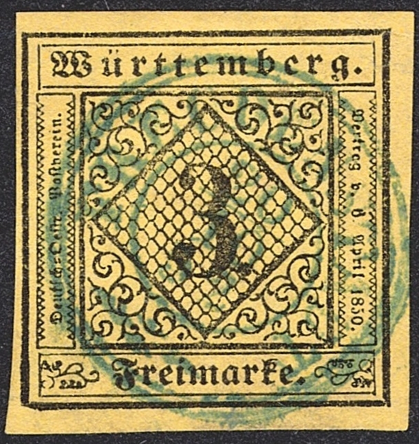 Deutschland, Altdeutschland, Württemberg, Nr.2, 3Kr., blauer Vollstempel