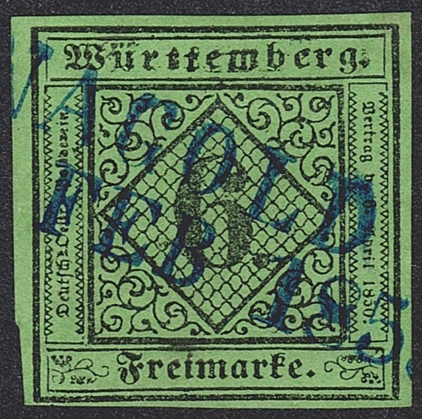 Deutschland, Altdeutschland, Württemberg, Nr.3, 6Kr., blauer Balkenstempel NAGOLD