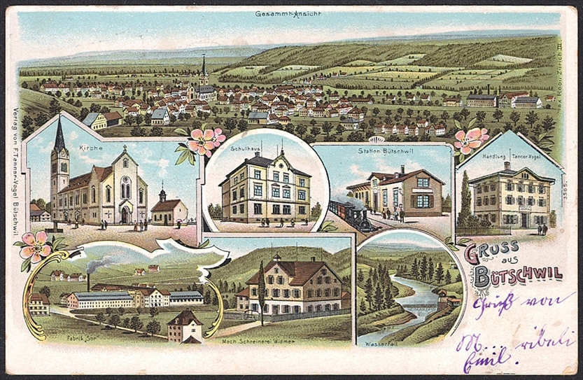 Lithographien Schweiz, Gruss aus BÜTSCHWIL, 7 Bilder, 1903