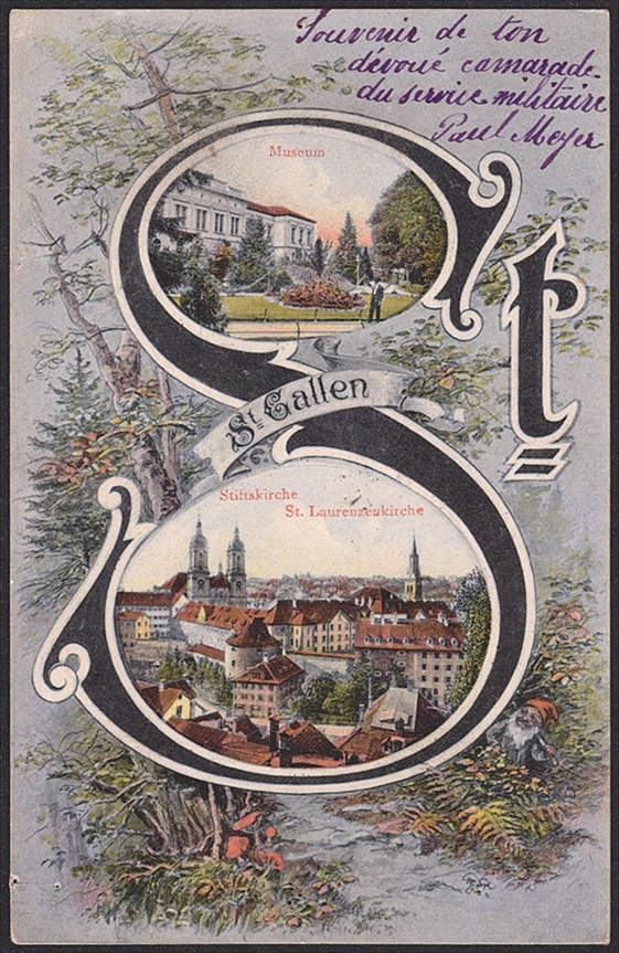 Lithographien Schweiz, ST.GALLEN, Museum, Stiftskirche St.Laurenzenkirche, 2 Bilder, 1907