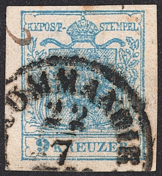 Österreich 1850 9 Kreuzer FB Nr. 5 breitrandig blau MP Type IIIb gestempelt RECOMMANDIRT WIEN in schwarz
