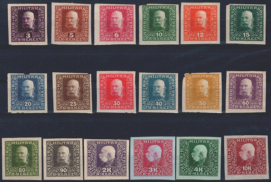 Österreich, Bosnien Herzegowina, 1916, Freimarken, Nr.99P U l-116 P U l, Farbproben, ungezähnt, komplette Serie