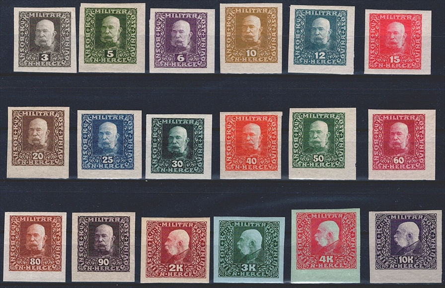 Österreich, Bosnien Herzegowina, 1916, Freimarken, Nr.99P U l-116 P U l, Farbproben, ungezähnt, komplette Serie