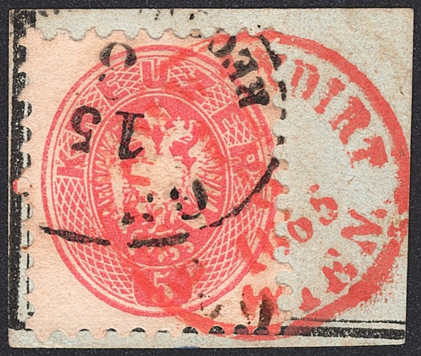 Österreich Kaisertum 1863/64 - 5 Kreuzer ANK Nr. 32 gestempelt rot "WIEN RECOMMANDIRT"