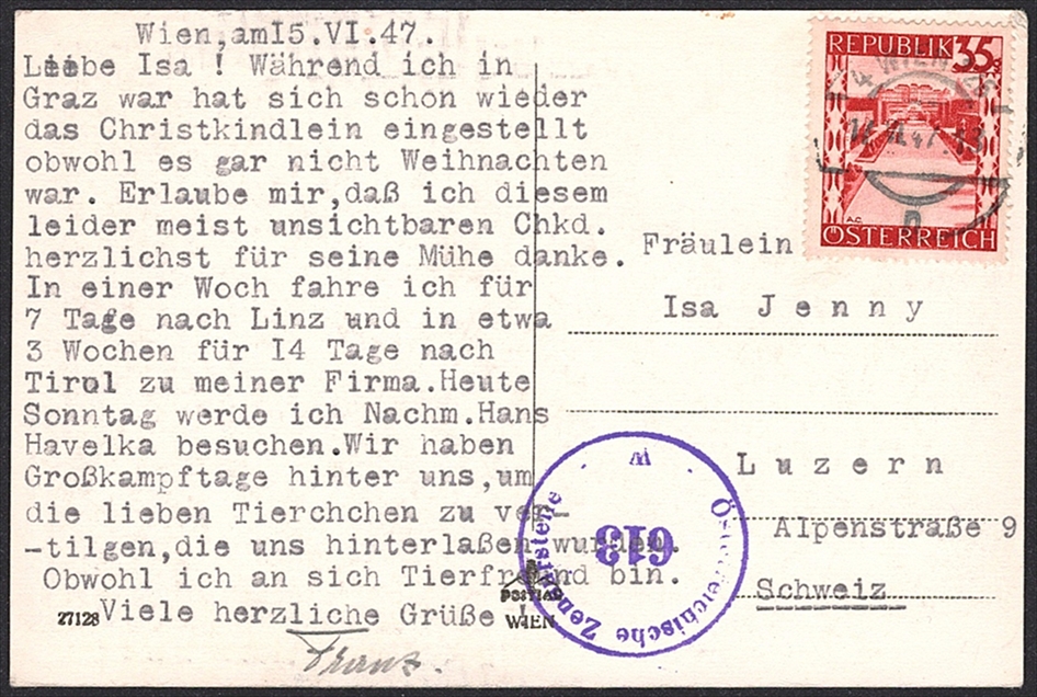 Österreich, Nr.755, 35g, auf zensurierter Ansichtskarte nach Luzern, WIEN