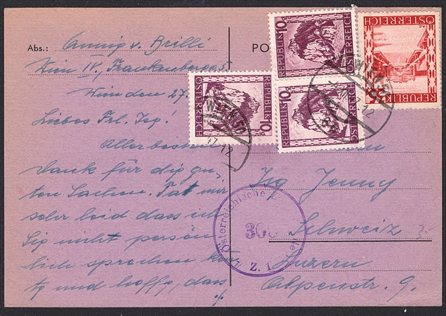 Österreich, Nr.755/746, auf zensurierter Karte nach Luzern, WIEN