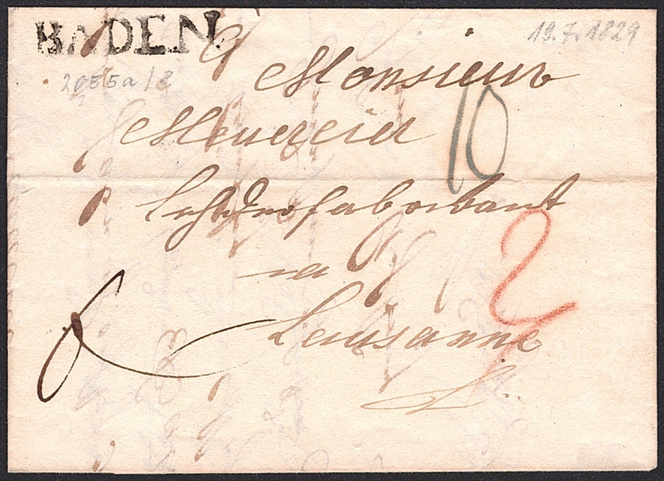 Schweiz, Abstempelungen, Kanton Aargau, BADEN, Wi.2055a, Faltbrief nach Lausanne