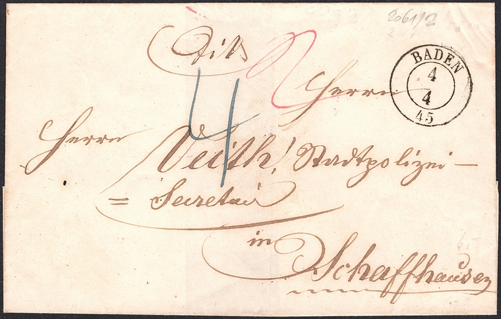 Schweiz, Abstempelungen, Kanton Aargau, BADEN, Wi.2061, taxierter Faltumschlag nach Schaffhausen