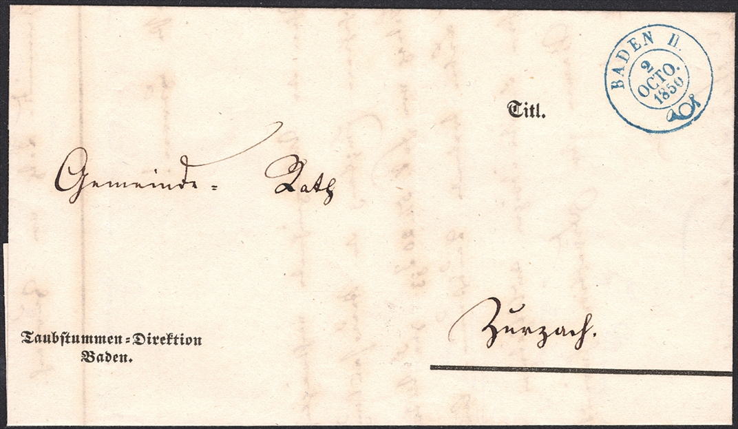 Schweiz, Abstempelungen, Kanton Aargau, BADEN blau, Wi.2063a, amtlicher Faltbrief nach Zurzach