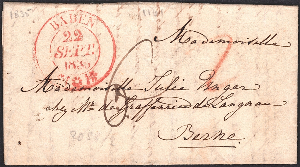 Schweiz, Abstempelungen, Kanton Aargau, BADEN rot, Wi.2058, taxierter Faltbrief nach Bern