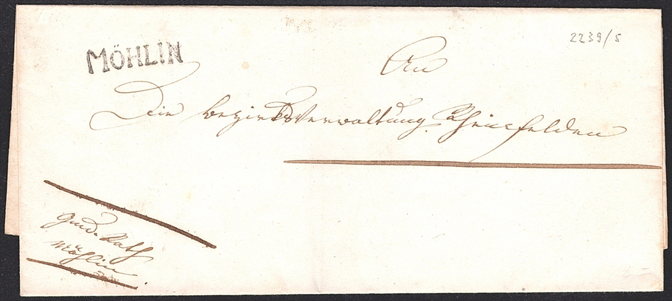 Schweiz, Abstempelungen, Kanton Aargau, MÖHLIN, Wi.2239, amtlicher Faltumschlag nach Rheinfelden