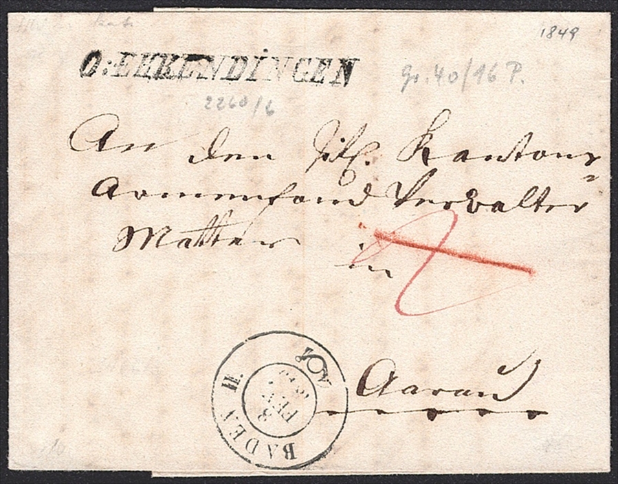 Schweiz, Abstempelungen, Kanton Aargau, O:EHRENDINGEN/BADEN, Wi.2260/2061, Faltbrief nach Aarau