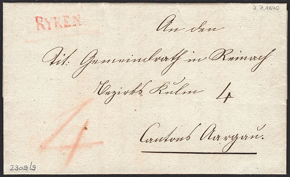 Schweiz, Abstempelungen, Kanton Aargau, RYKEN rot, Wi.2309, Faltbrief nach Reinach
