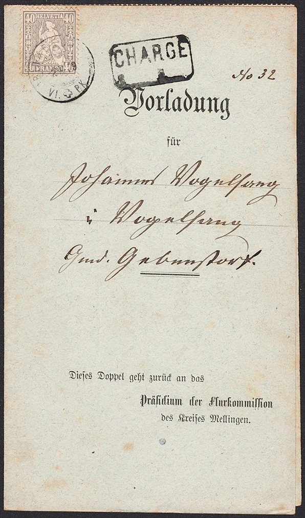 Schweiz, Abstempelungen, Kanton Aargau, Sitzende Helvetia, BIRMENSDORF VI P.K., auf Vorladung nach Gebenstorf, seltene Einzelfrankatur