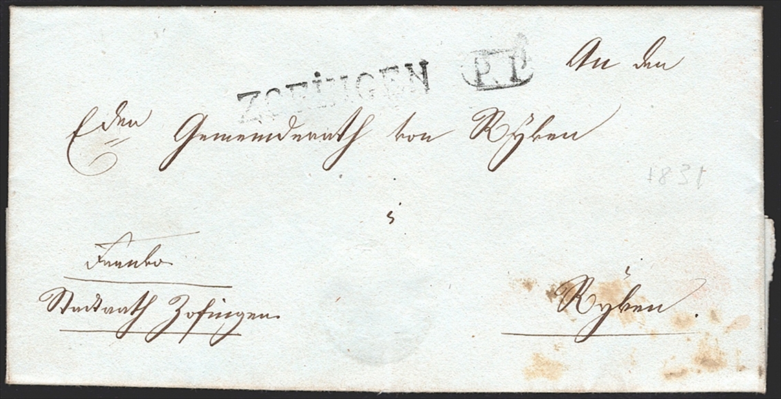 Schweiz, Abstempelungen, Kanton Aargau, ZOFINGEN/P.P., Wi.2381/2385, Faltbrief nach Rykon