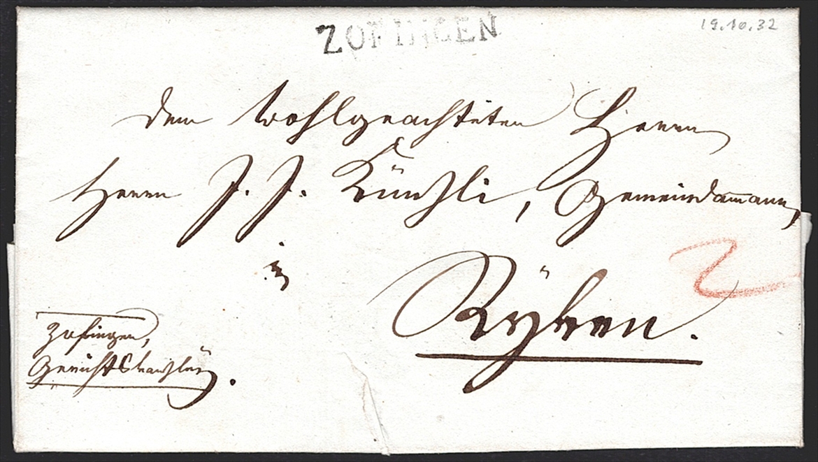 Schweiz, Abstempelungen, Kanton Aargau, ZOFINGEN, Wi.2381, taxierter Faltbrief nach Rykon