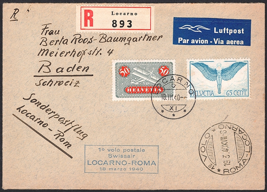 Schweiz, Erstflüge, Locarno-Rom, R-Brief, RF 40.1a