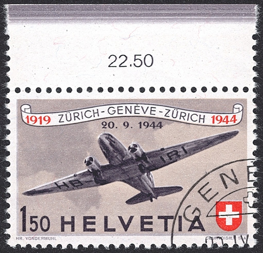 Schweiz, Flugpost, Nr.40, Pro Aero, oben Bogenrand mit Farbstreifen vom Rakelmesser, Eckstempel