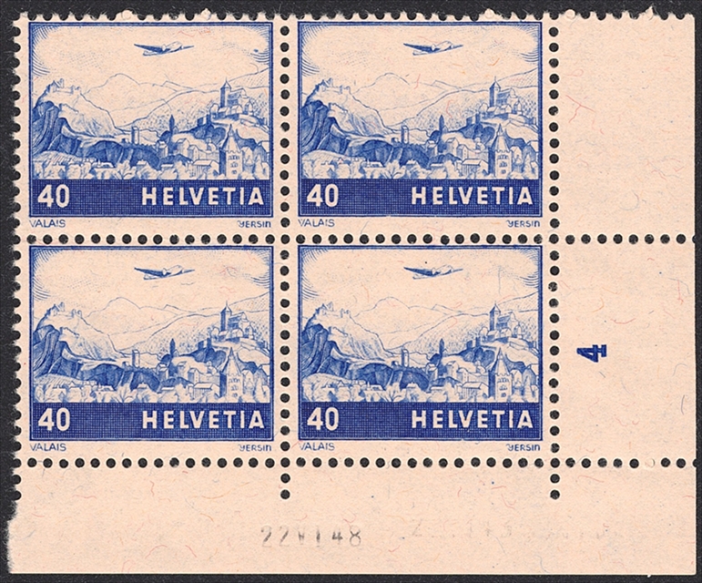 Schweiz, Flugpost, Nr.44, Farbänderung, im Viererblock, Bogenecke