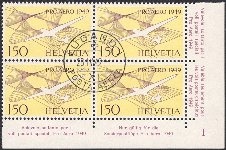 Schweiz, Flugpost, Nr.45, Pro Aero, im Viererblock, Bogenecke, LUGANO