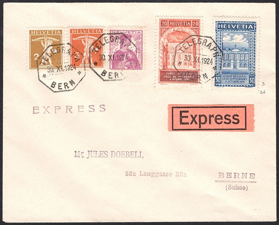 Schweiz, Freimarken, Nr.167-168, sauber mit Zusatzfrankatur auf Express-Brief, BERN TELEGRAPH