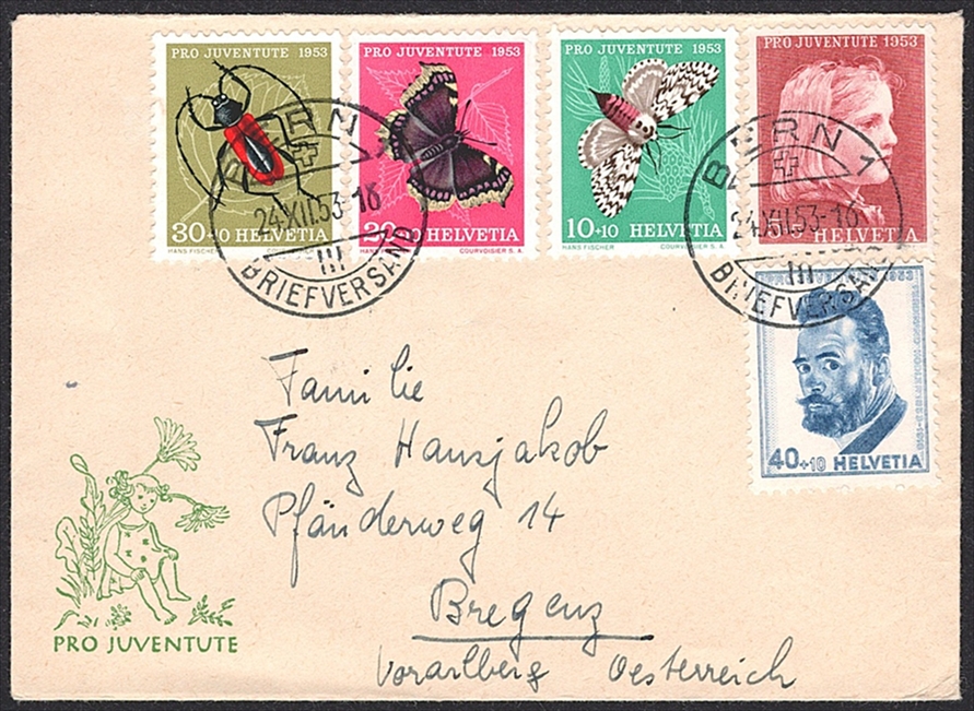 Schweiz, Pro Juventute, Zierbriefe, Nr.51 mit kompletter PJ-Serie nach Bregenz