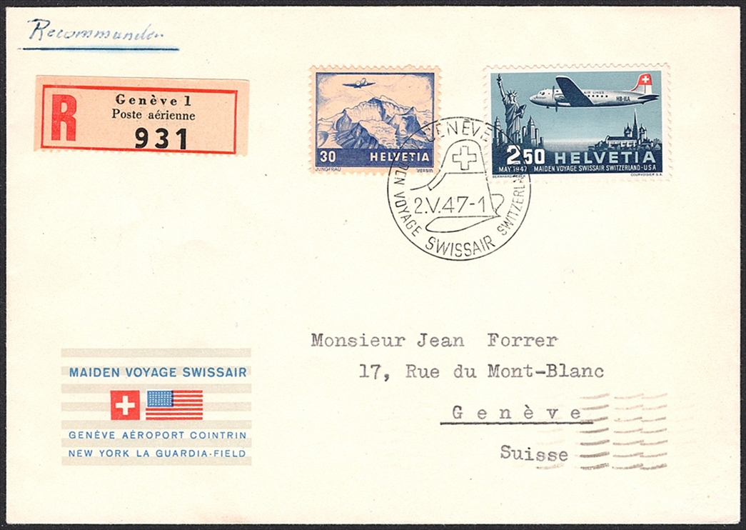 Schweiz, Sonderflüge, Pro Aero, Genf-Washington, SF 47.5b, portogerechter R-Brief, SF 47.5b