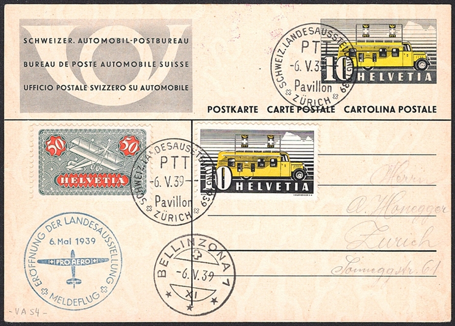 Schweiz, Sonderflüge, Pro Aero Meldeflüge, bis Bellinzona, Postkarte, SF 39.2e