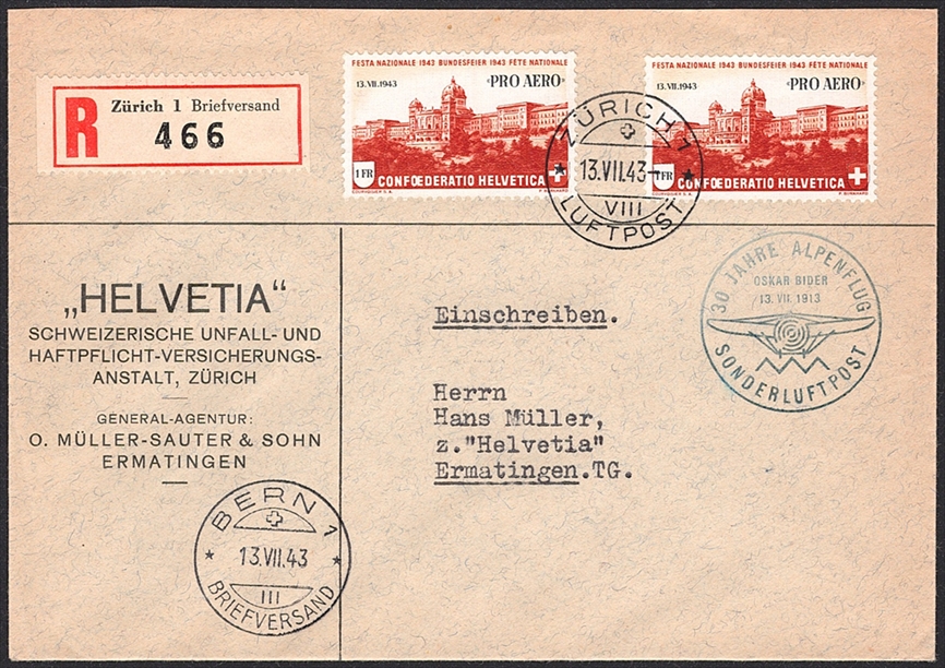 Schweiz, Sonderflüge, Pro Aero, Zürich-Bern, R-Brief, 43.1b