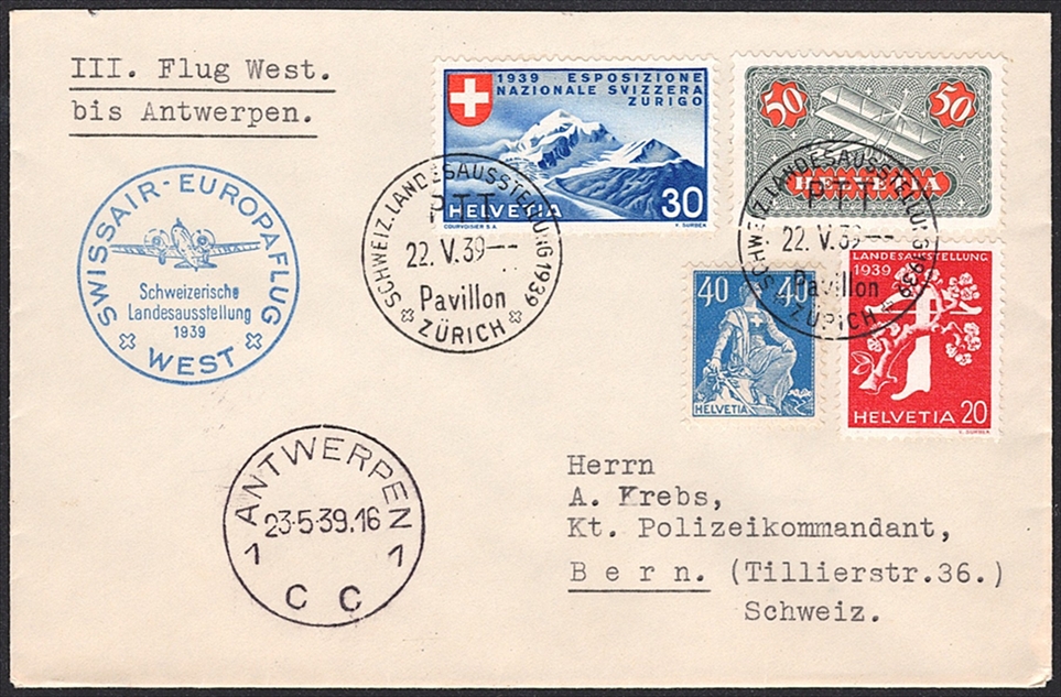 Schweiz, Sonderflüge, Swissair-Europaflug West, bis Antwerpen, 10Rp.unterfrankiert, SF 39.5c