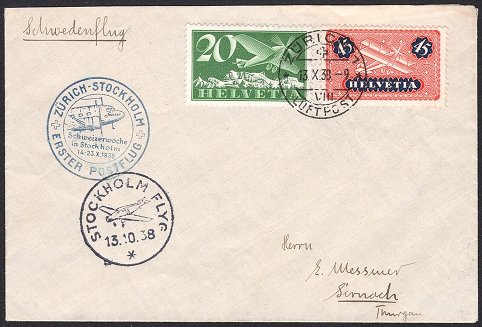 Schweiz, Sonderflüge, Zürich-Stockholm, gute Frankatur, SF 38.4a
