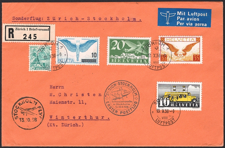 Schweiz, Sonderflüge, Zürich-Stockholm, portogerechter R-Brief, SF 38.4a