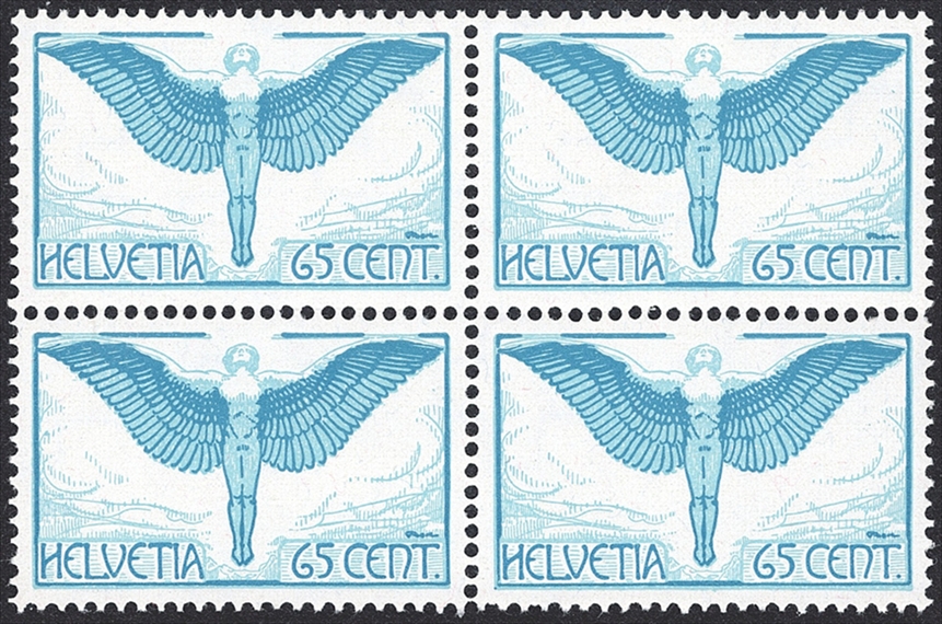 Schweiz,Flugpost, Nr.10z, Ikarus, geriffeltes Papier, im Viererblock