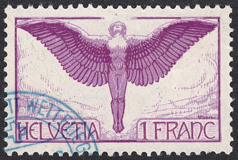 Schweiz,Flugpost, Nr.12, Ikarus, blauer Sonderstempel