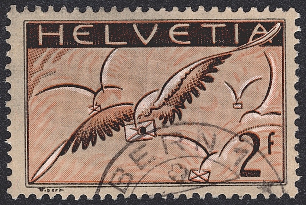 Schweiz,Flugpost, Nr.13z, Brieftaube, geriffeltes Papier, BERN