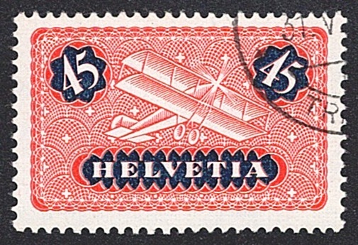 Schweiz,Flugpost, Nr.8z, Flugzeug, geriffeltes Papier, Eckstempel
