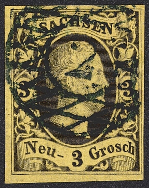 Deutschland, Altdeutschland, Sachsen, Nr.6, 3 Ngr.mittelolivgelb, Kreisrautenstempel