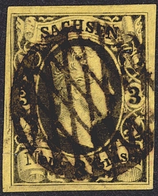 Deutschland, Altdeutschland, Sachsen, Nr.6, 3 Ngr.mittelolivgelb, Kreisrautenstempel