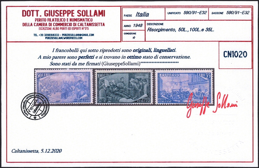 Italien, 1948, Hohe Werte, Nr.758-760, Attest Sollami 2020 – Bild 2