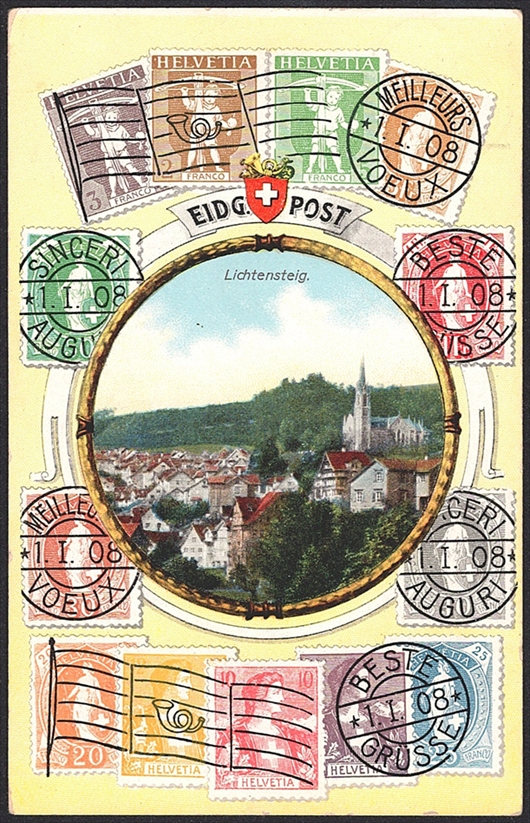 Lithographiekarten, Schweiz, LICHTENSTEIG, Bild umgeben mit Marken "Beste Grüsse 1.1.08", 1913
